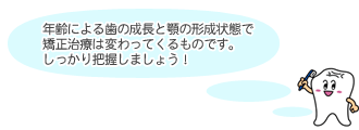 年齢による歯の成長と顎の形成状態で矯正治療は変わってくるものです。しっかり把握しましょう！